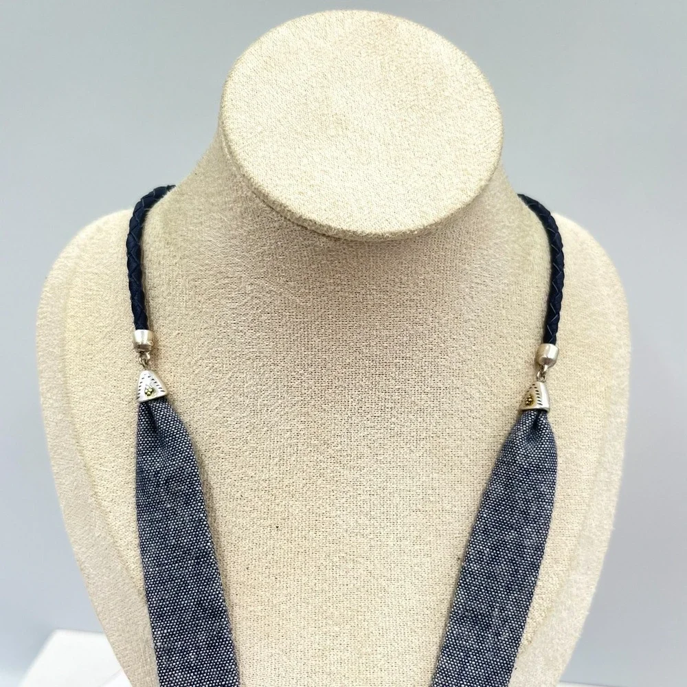 Vintage Mixed Metal Crescent Tusk Necklace Denim Fabric & Braided Cord Statement